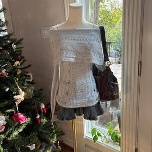 Soft gray off-shoulder knit sweater with cable + rhinestone details ♡